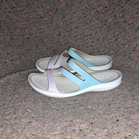 CROCS-Kadee II Sandals-Purple Blue Ombre with Wavy Lines-Sz 8-Excellent - Picture 2 of 7